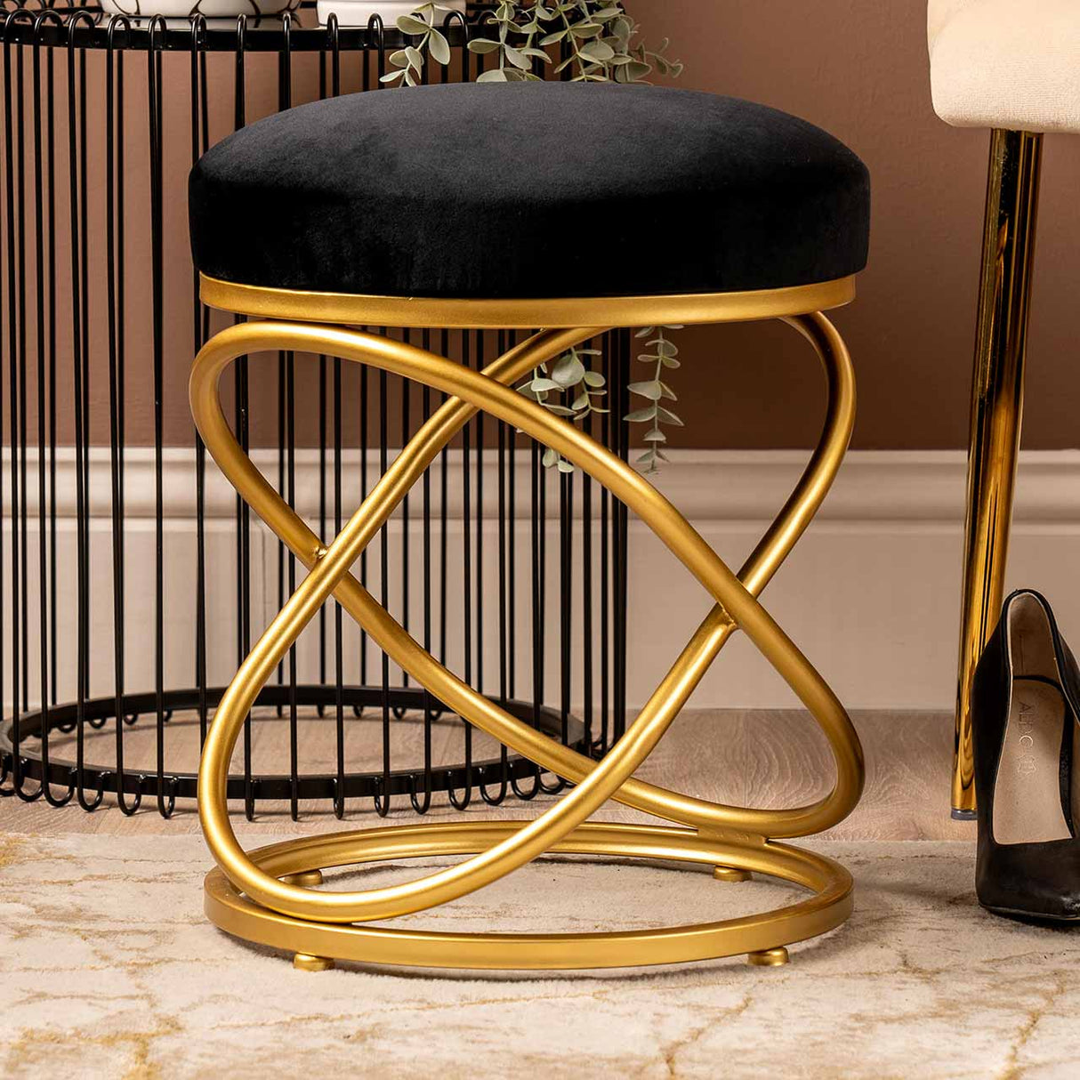 Black Velvet Rizzo Stool With Gold Legs