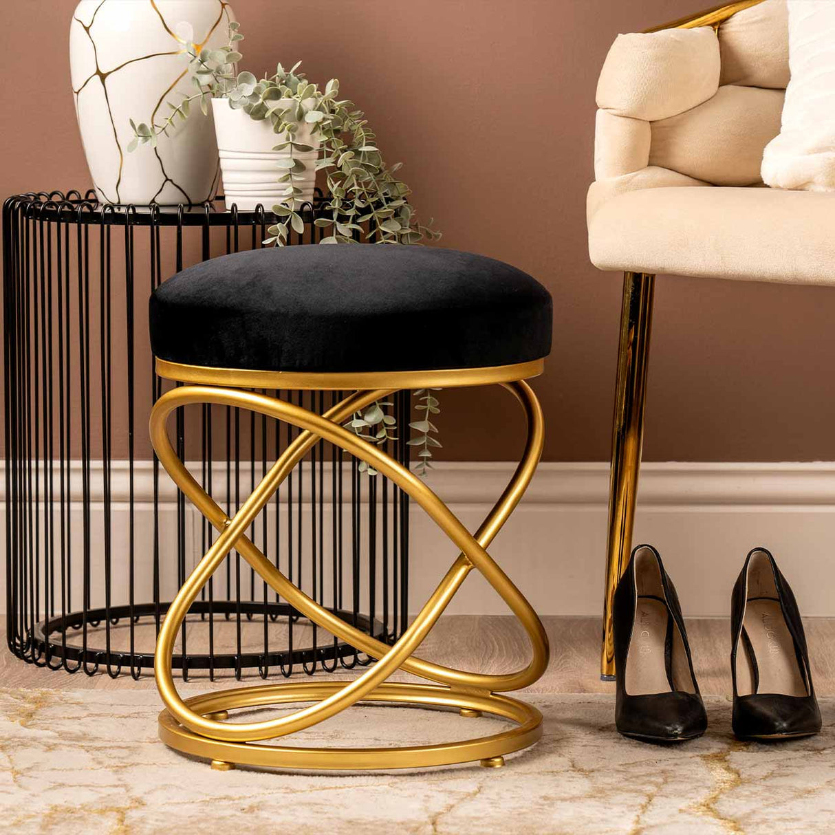 Black Velvet Rizzo Stool With Gold Legs