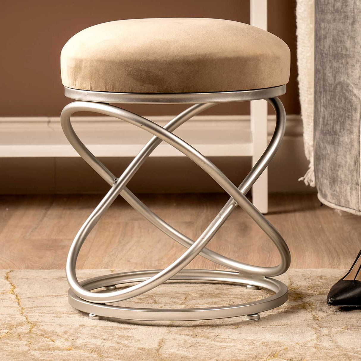 Taupe Velvet Rizzo Stool With Matte Silver Legs