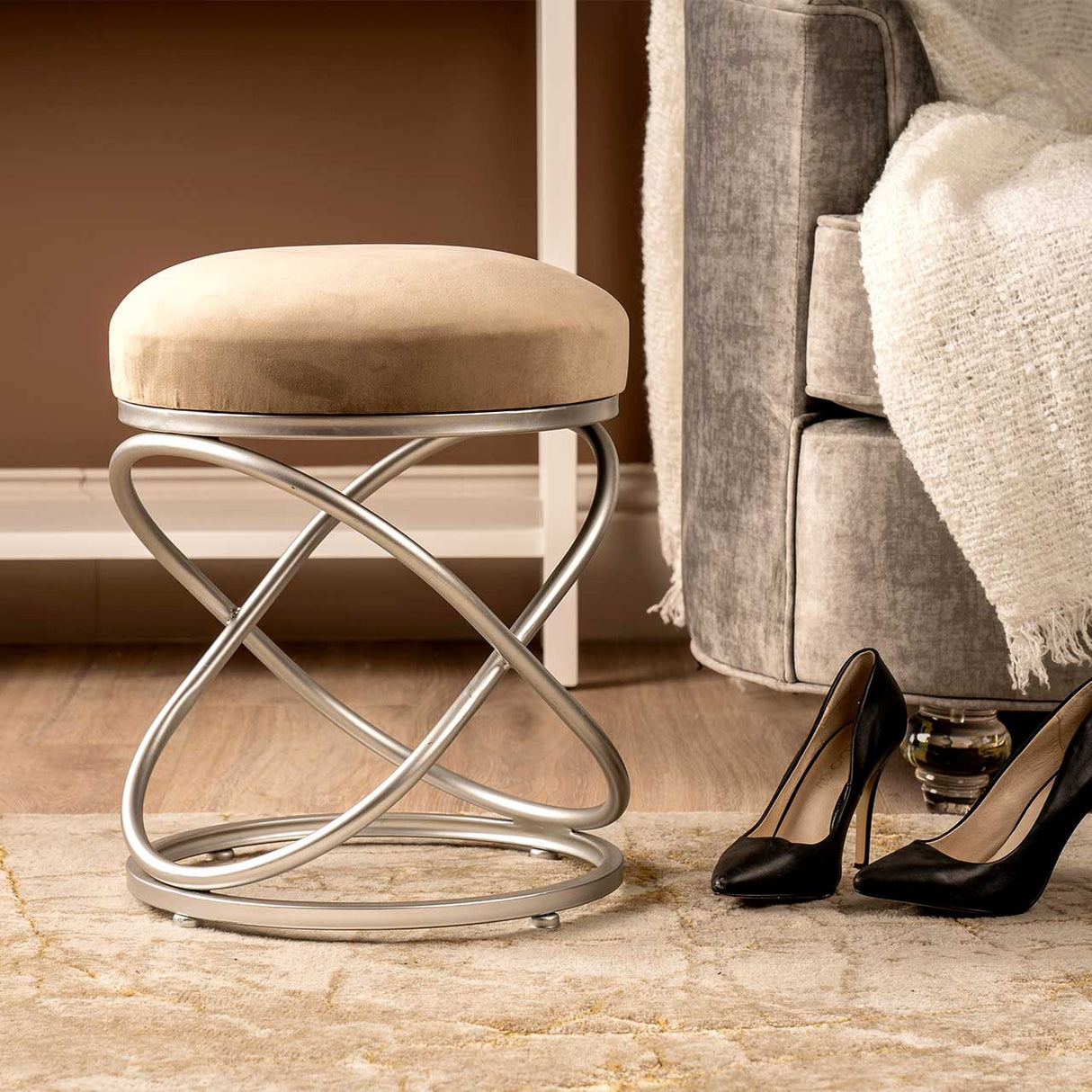 Taupe Velvet Rizzo Stool With Matte Silver Legs