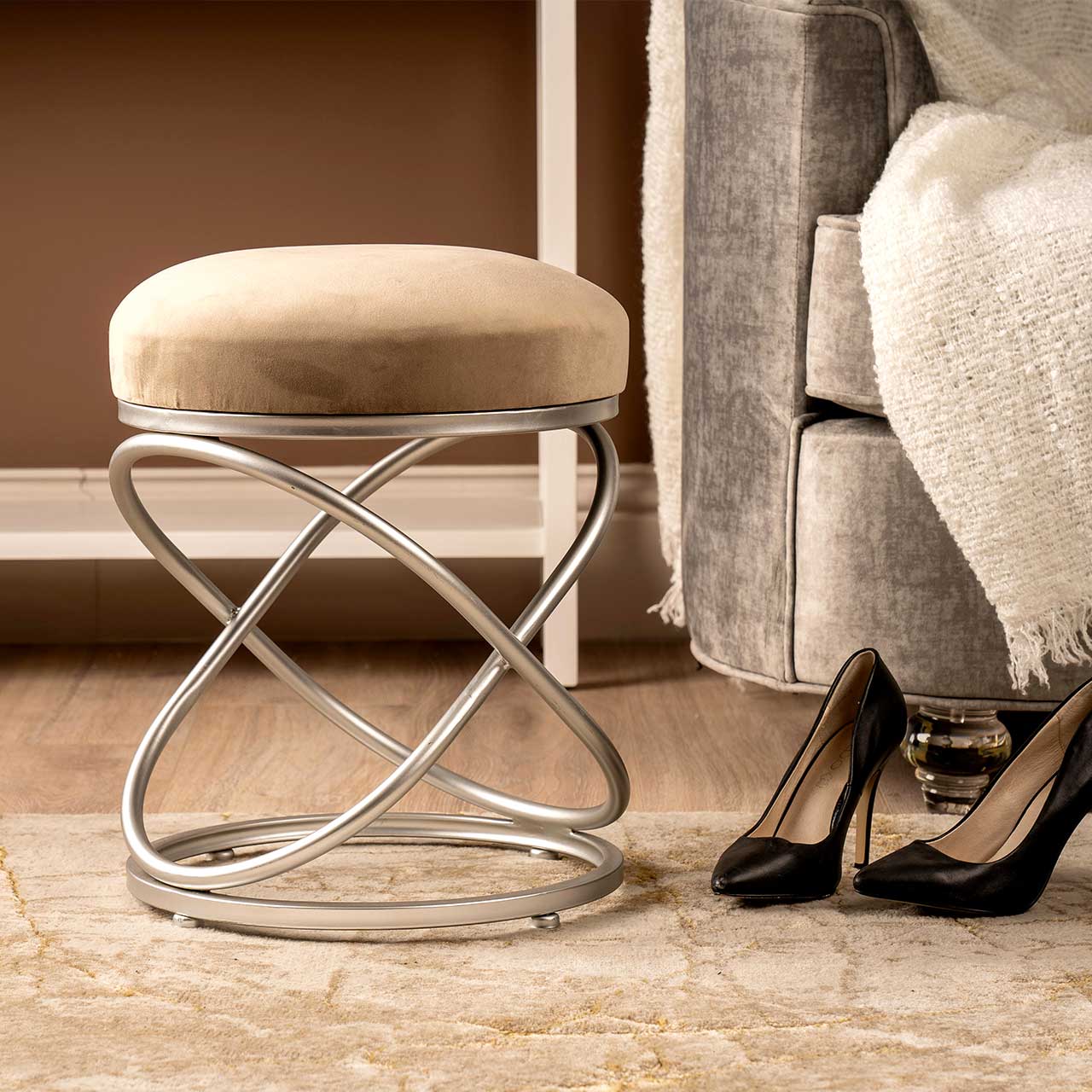 Taupe Velvet Rizzo Stool With Matte Silver Legs