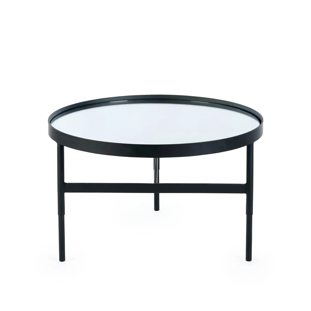 Round glass coffee table with black metal frame, shown against a white background