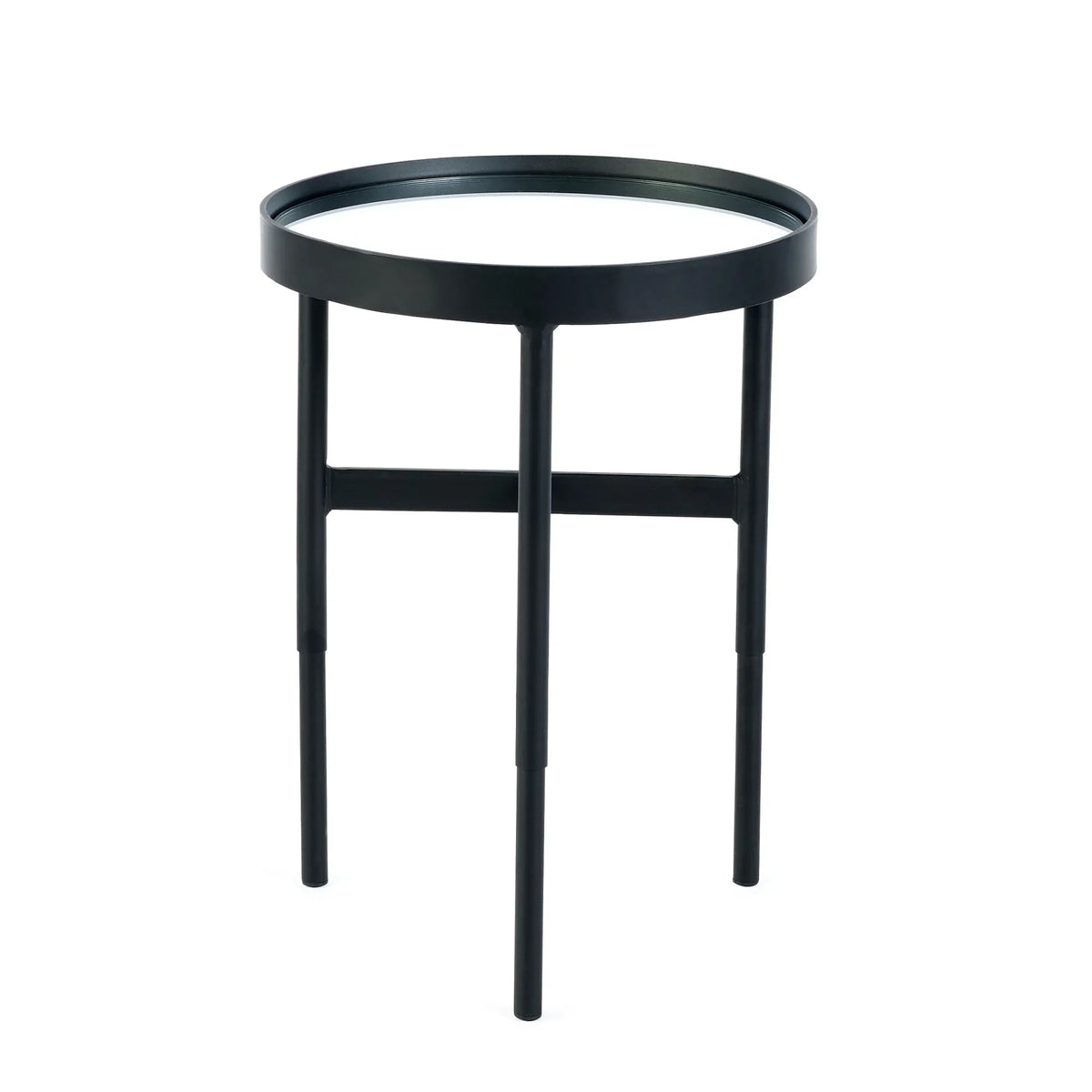 Black metal glass lamp table with round mirrored top and three legs
