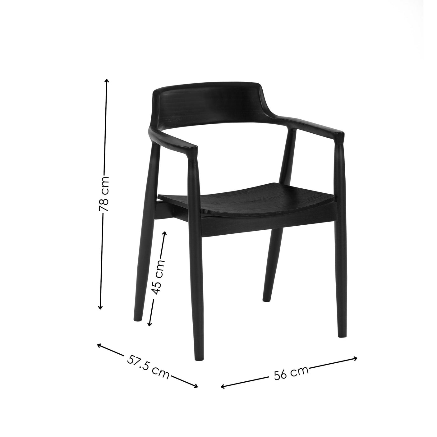 Black wooden dining chair with curved back and armrests showing dimensions on white background