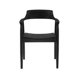 Front view of black wooden dining chair with curved backrest and armrests against white background