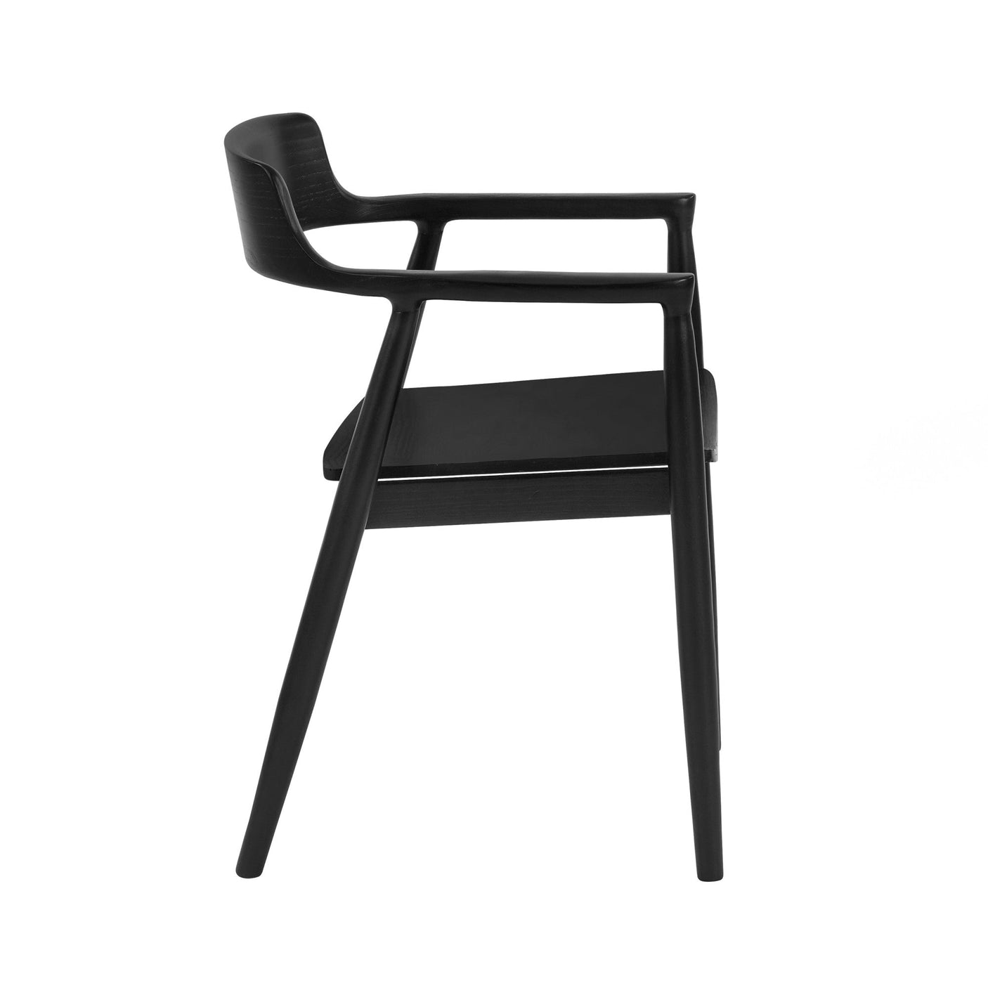 Side view of black wooden dining chair with armrests and gently curved seat on white background