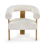 Front view of cream boucle armchair showing wide seat, rounded backrest, and oak legs on white background.