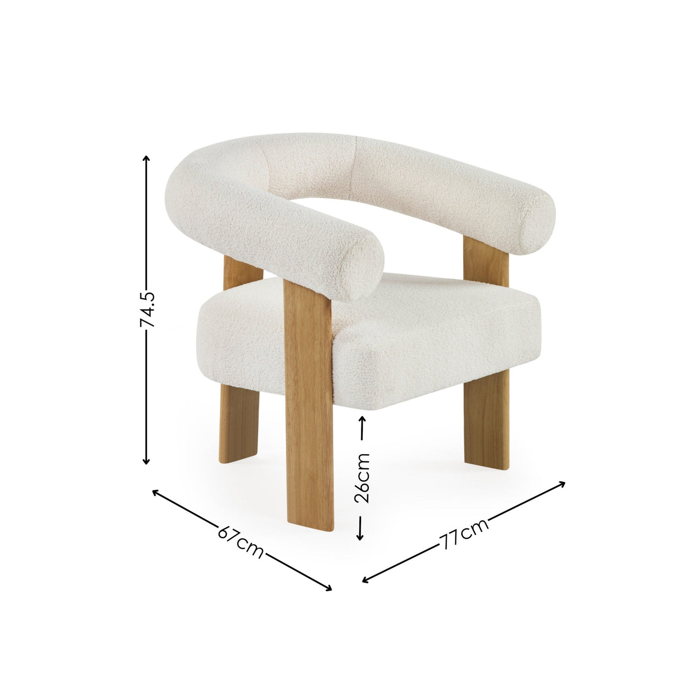 Dimensions of cream boucle accent chair shown with 74.5cm height, 67cm depth, 77cm width, and 26cm seat height.