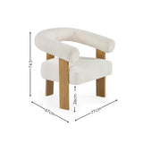 Dimensions of cream boucle accent chair shown with 74.5cm height, 67cm depth, 77cm width, and 26cm seat height.