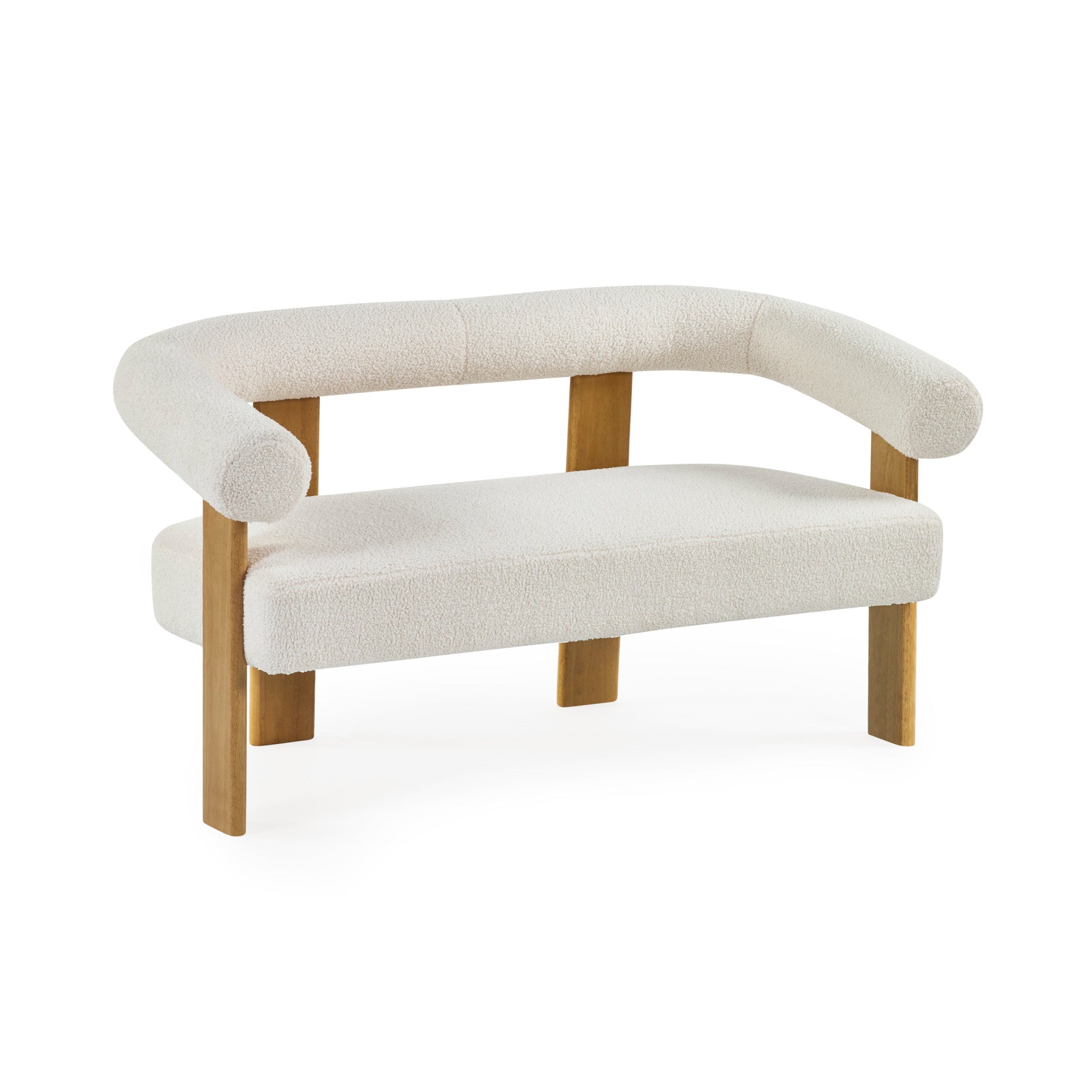 Angled view of cream boucle 2 seater sofa with tubular backrest and straight wooden legs on white background