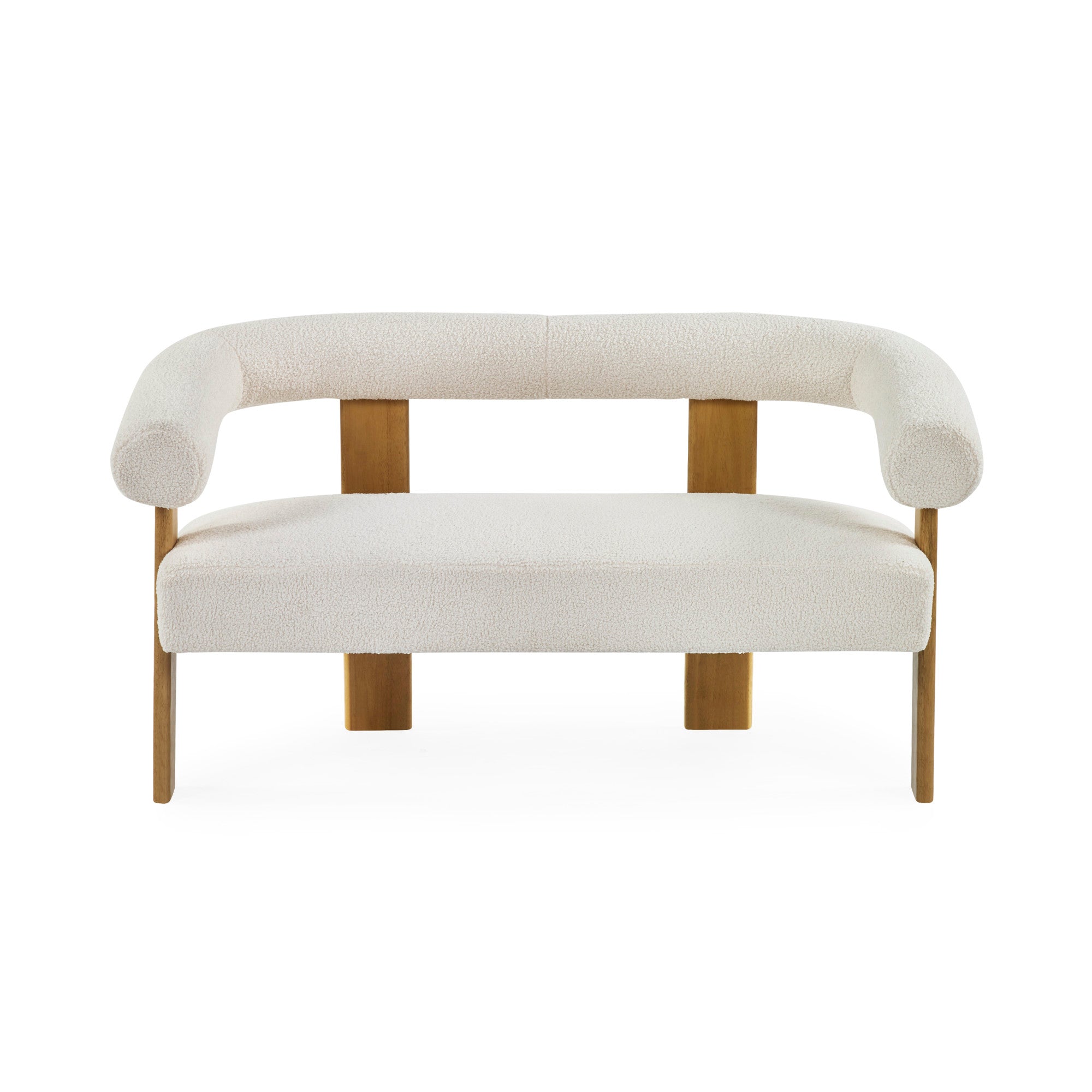Front view of cream boucle 2 seater sofa showing tubular rounded backrest and light wooden legs on white background