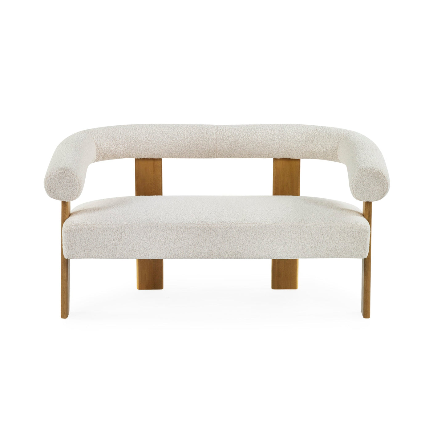 Front view of cream boucle 2 seater sofa showing tubular rounded backrest and light wooden legs on white background