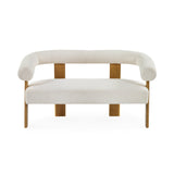 Front view of cream boucle 2 seater sofa showing tubular rounded backrest and light wooden legs on white background