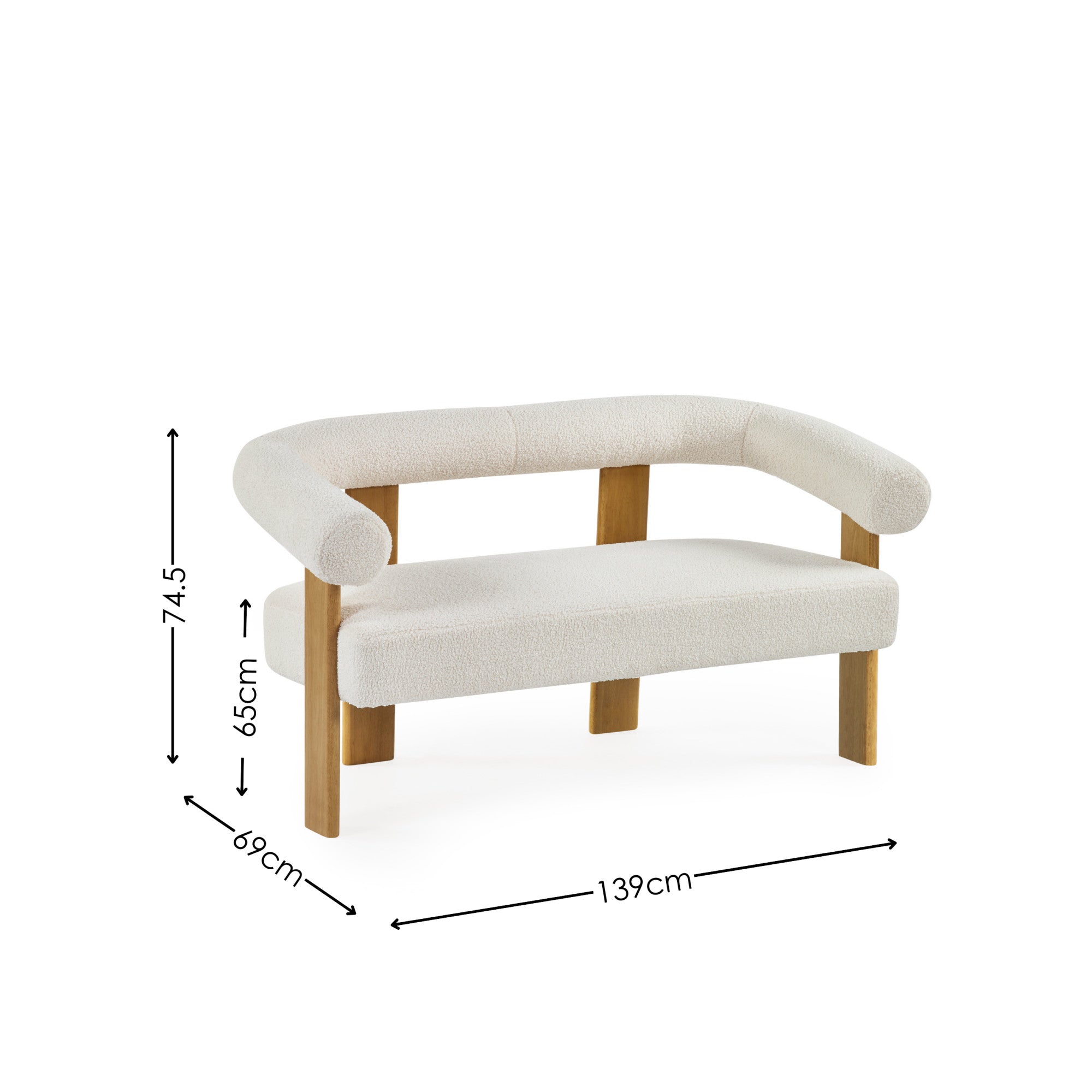 Cream boucle 2 seater sofa with curved backrest and wooden legs with product dimensions in portrait orientation