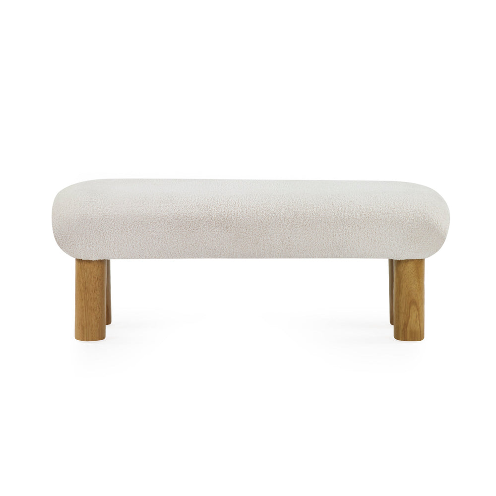 Straight-on view of cream cushioned bench with four wooden cylindrical legs on white background.