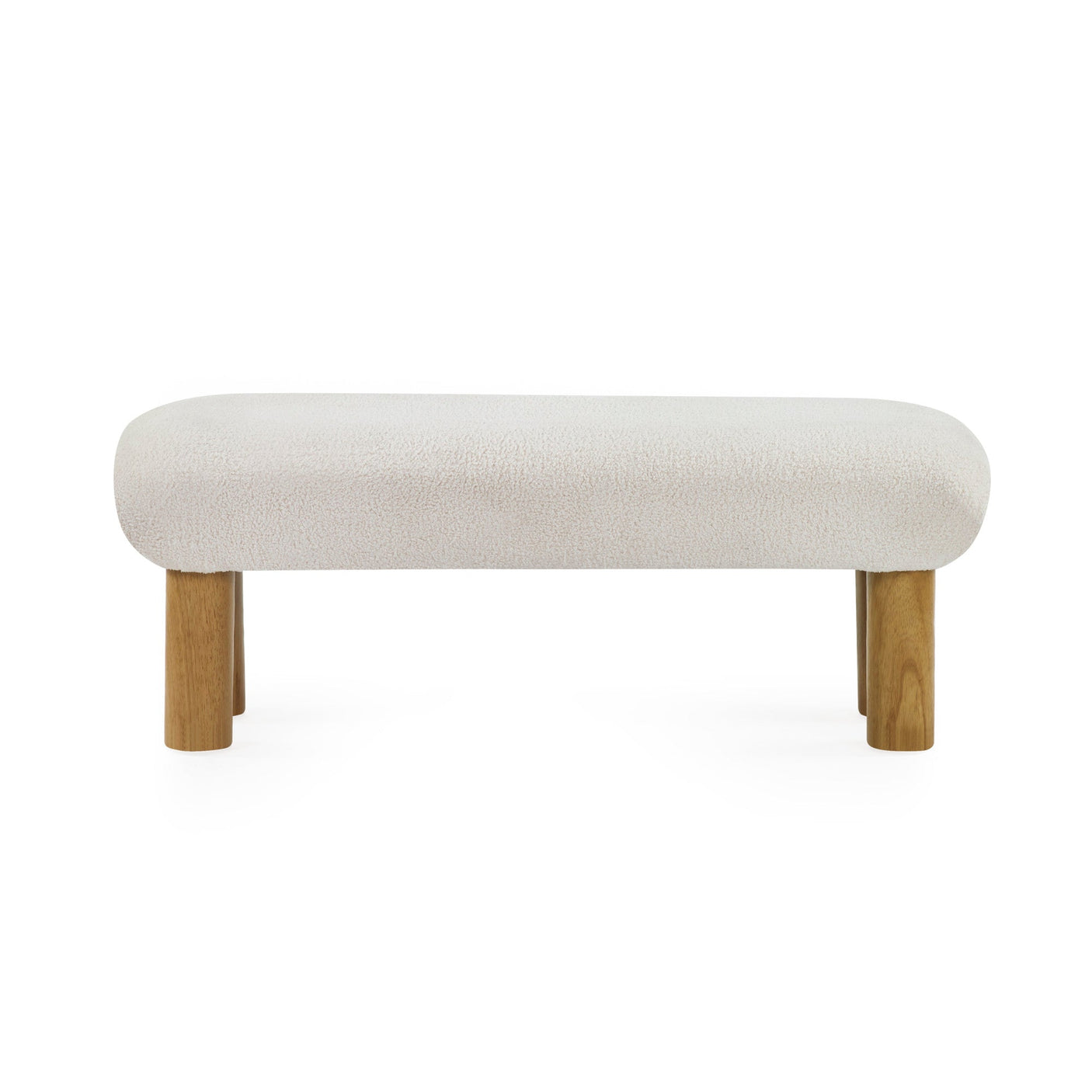 Straight-on view of cream cushioned bench with four wooden cylindrical legs on white background.
