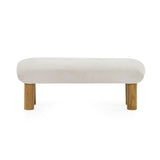 Straight-on view of cream cushioned bench with four wooden cylindrical legs on white background.