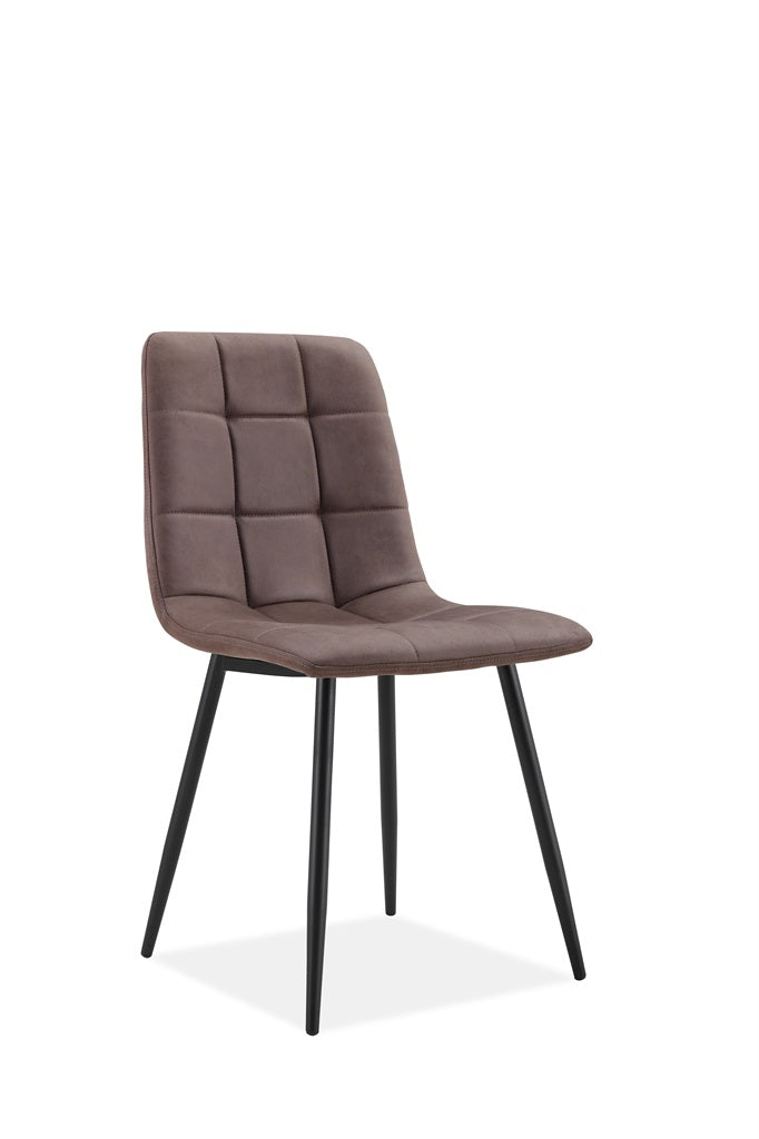 A modern dining chair with a brown tufted velvet upholstered seat and backrest, supported by slim black metal legs, shown against a plain white background.