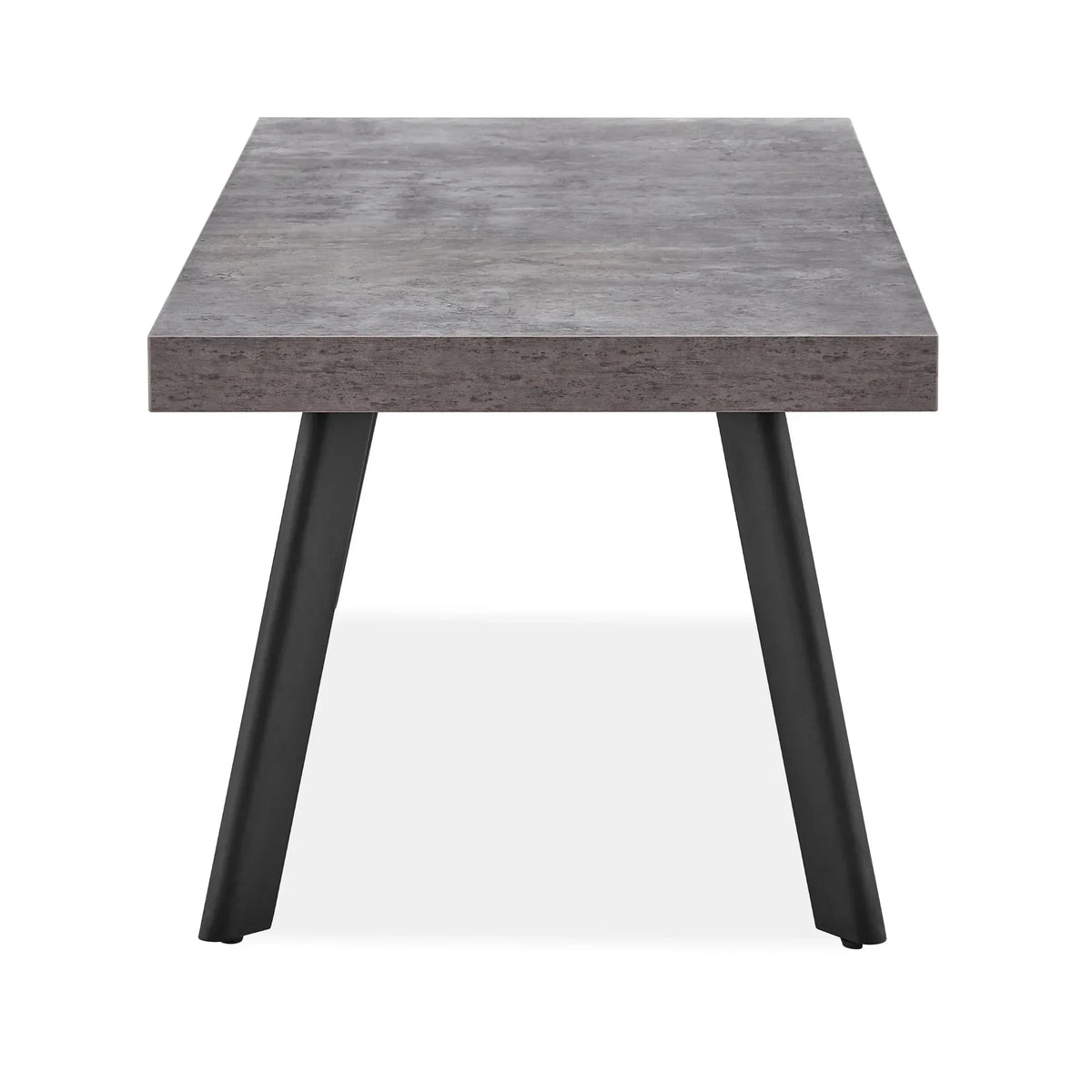 Rectangular coffee table with grey wood effect top and black angled metal legs, front view