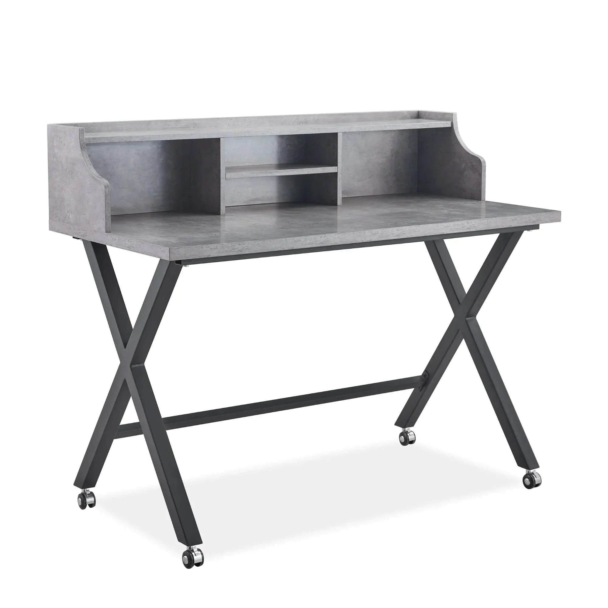 Grey desk with metal legs, shelving hutch and wheels, front angle view
