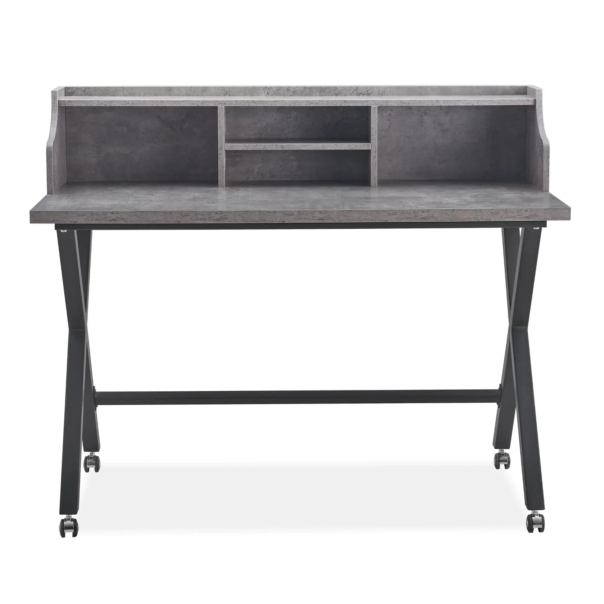 Grey office desk with storage shelves and metal legs on wheels, front view