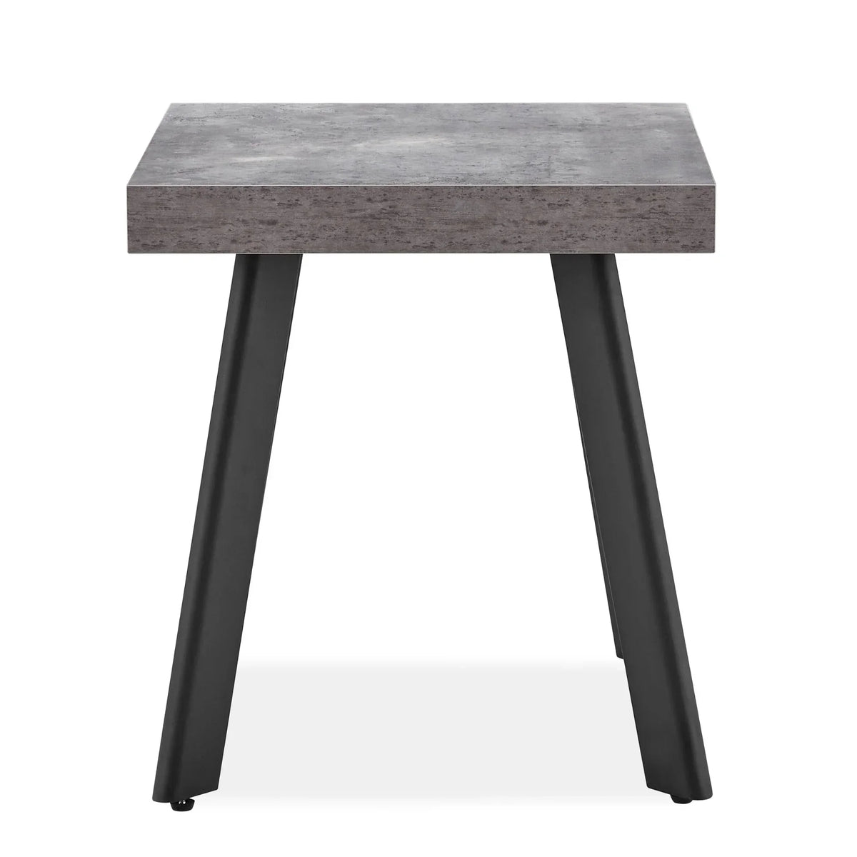 Grey concrete effect side table with black metal angled legs, front view