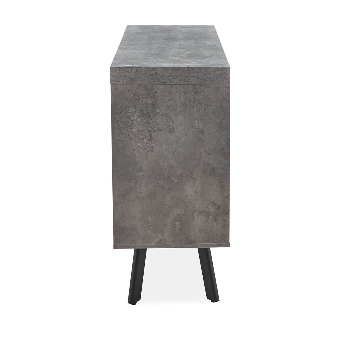 Side view of concrete effect sideboard with black angled legs