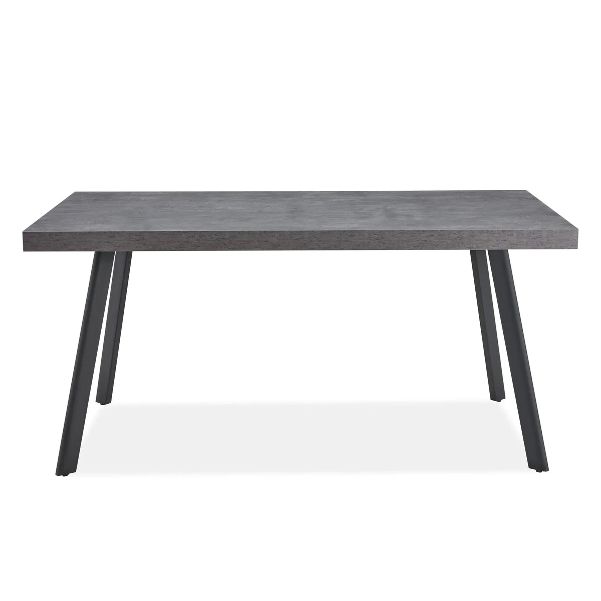 Rectangular grey dining table with angled black metal legs, front view