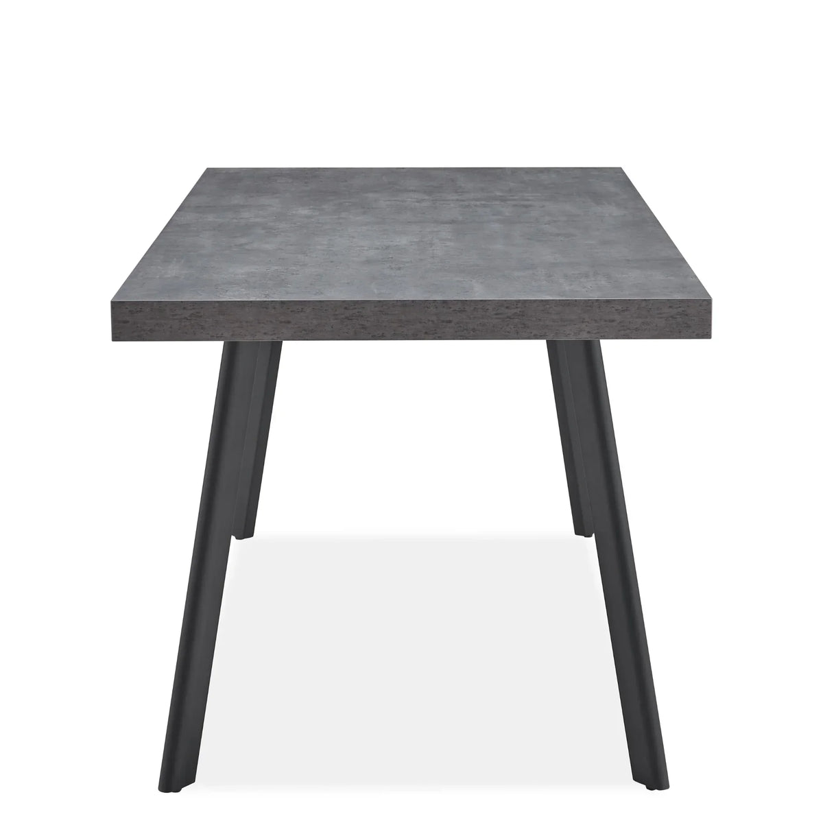 Grey dining table with rectangular top and angled black metal legs, front view