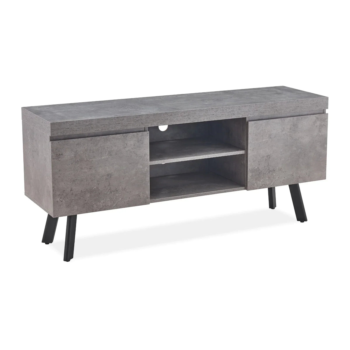 Grey wood TV unit with two doors, open shelves, and black angled legs, front angle view