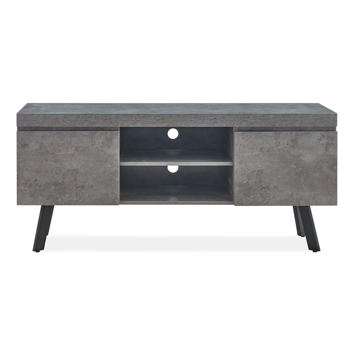 Grey concrete effect TV unit with angled black legs, shelving and two side cupboards