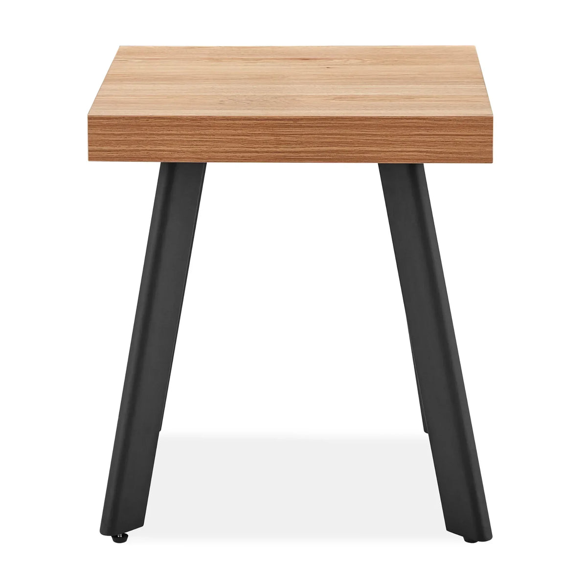 Oak finish side table with black angled metal legs, front view