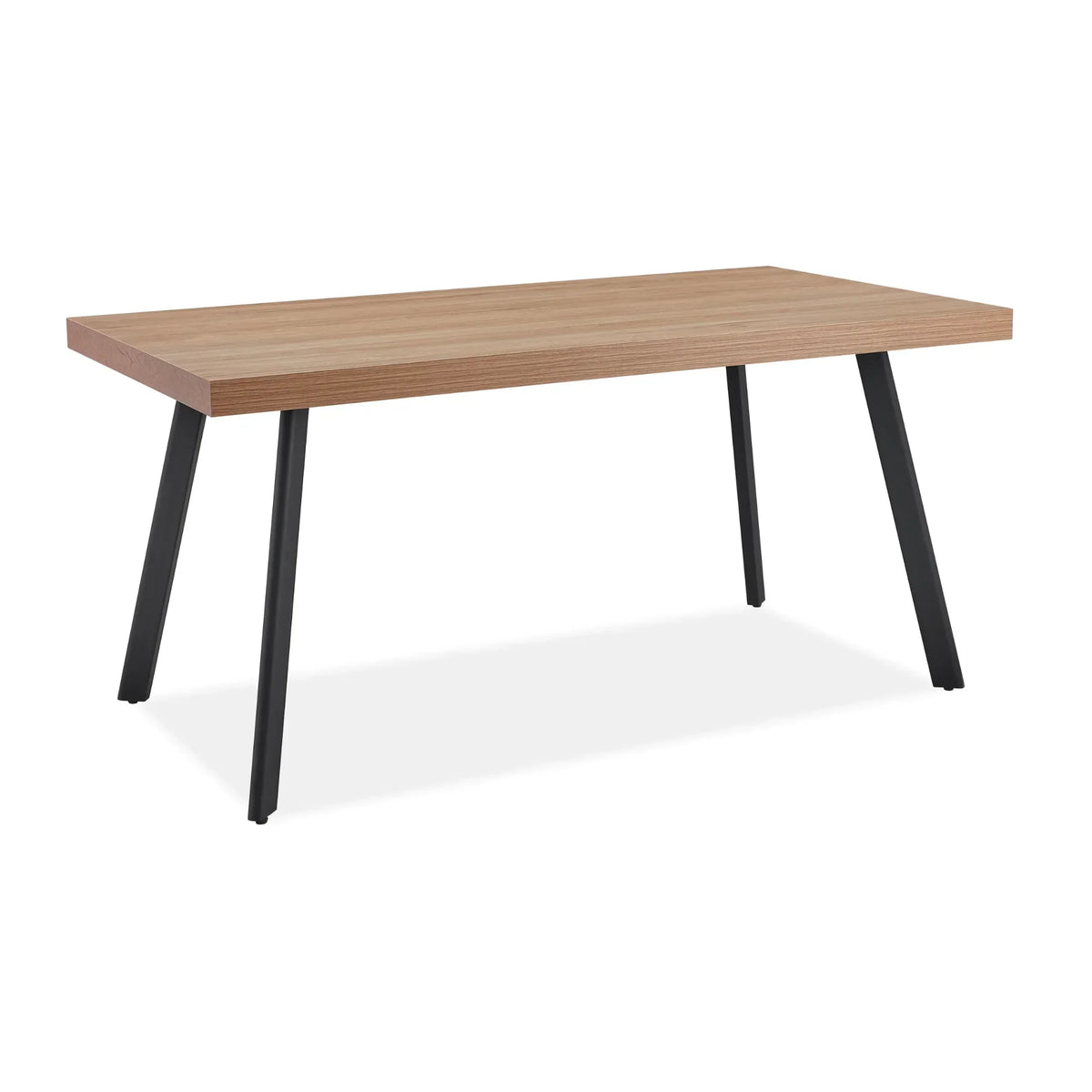 Oak dining table with black angled legs on white background