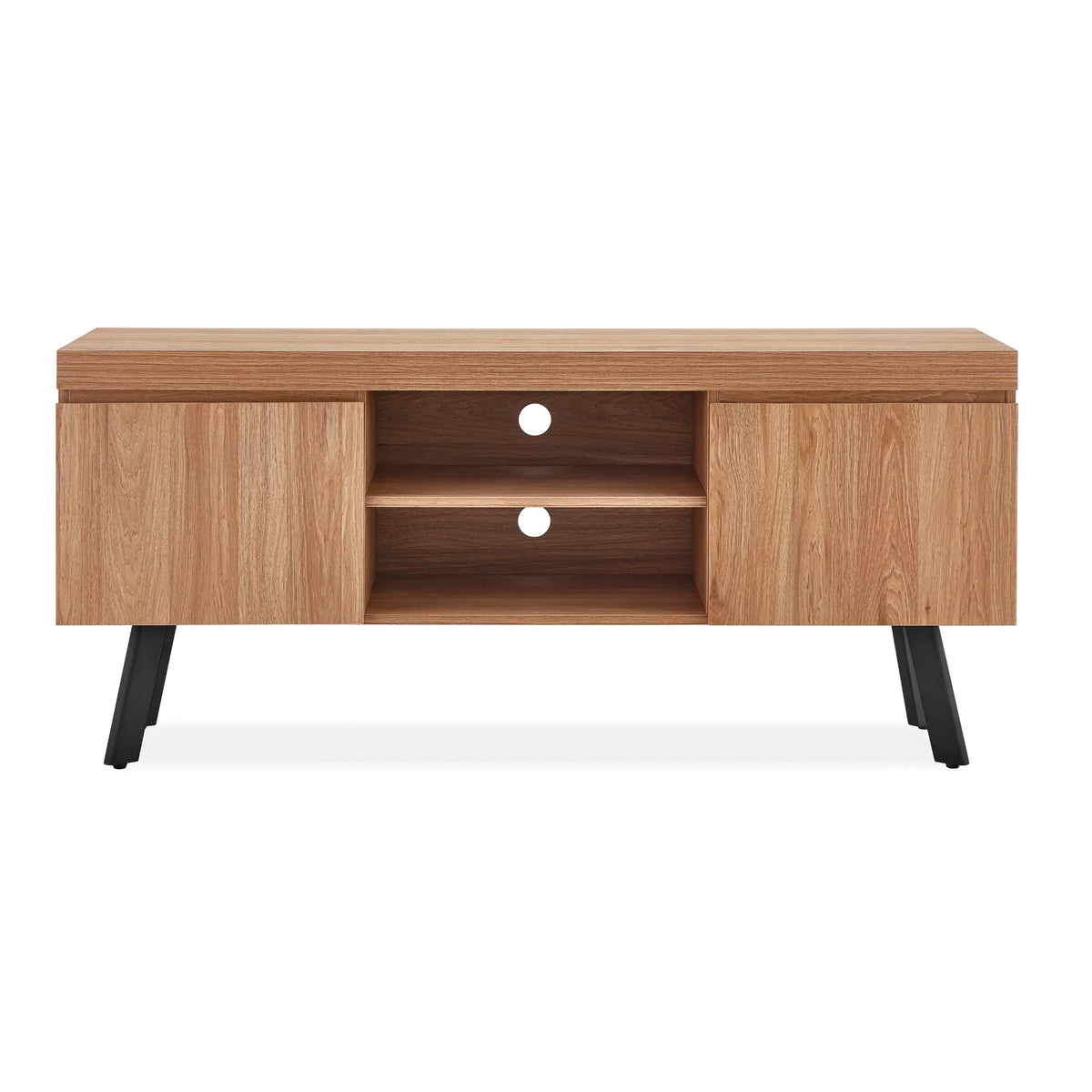 Oak TV unit with black legs, two shelves, and side cabinets, front view