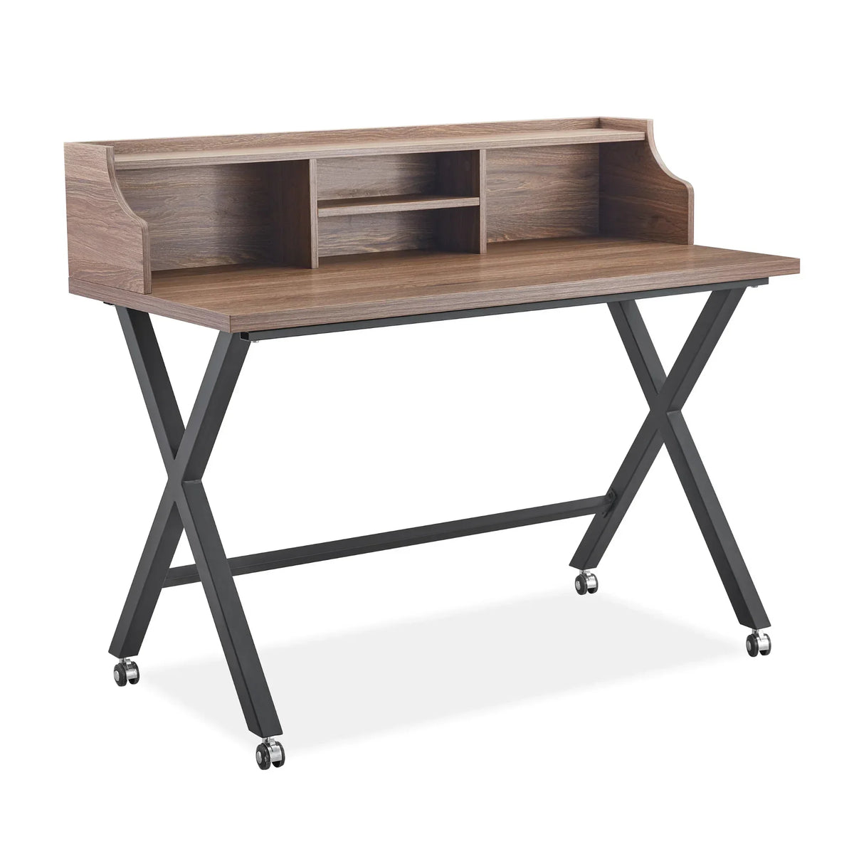 Wooden office desk with metal X-frame legs, built-in shelves, and caster wheels
