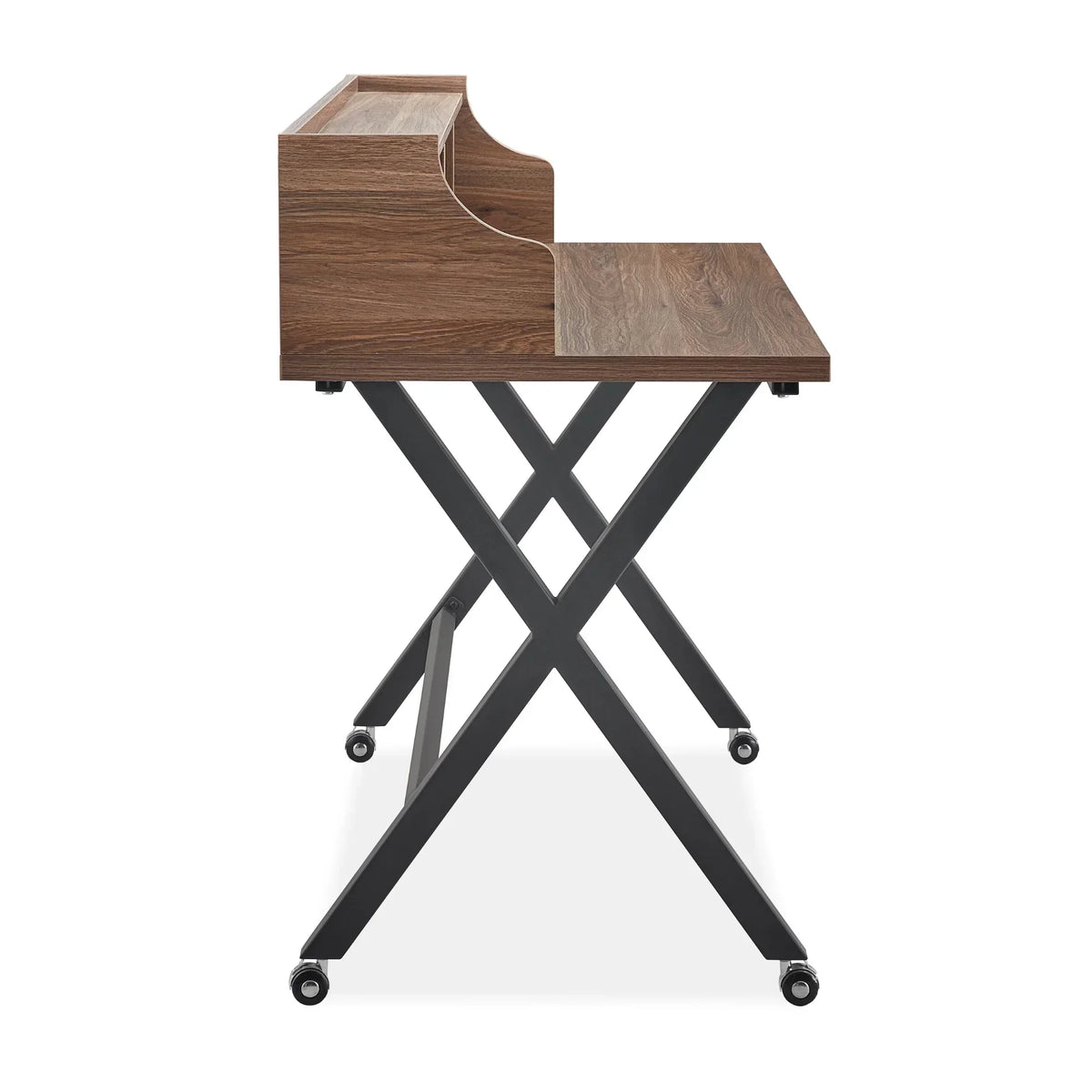 Wooden desk with black metal legs and castor wheels, side view
