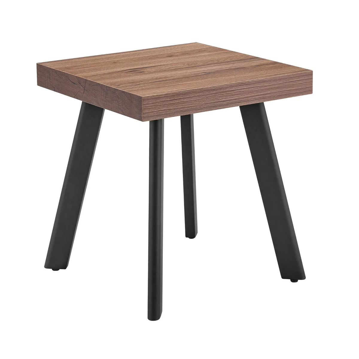 Square wooden side table with black metal legs on white background