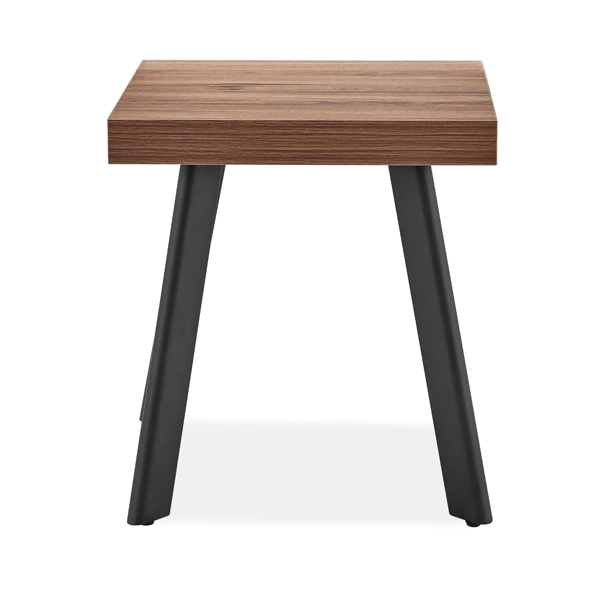 Walnut wood side table with black metal angled legs, front view
