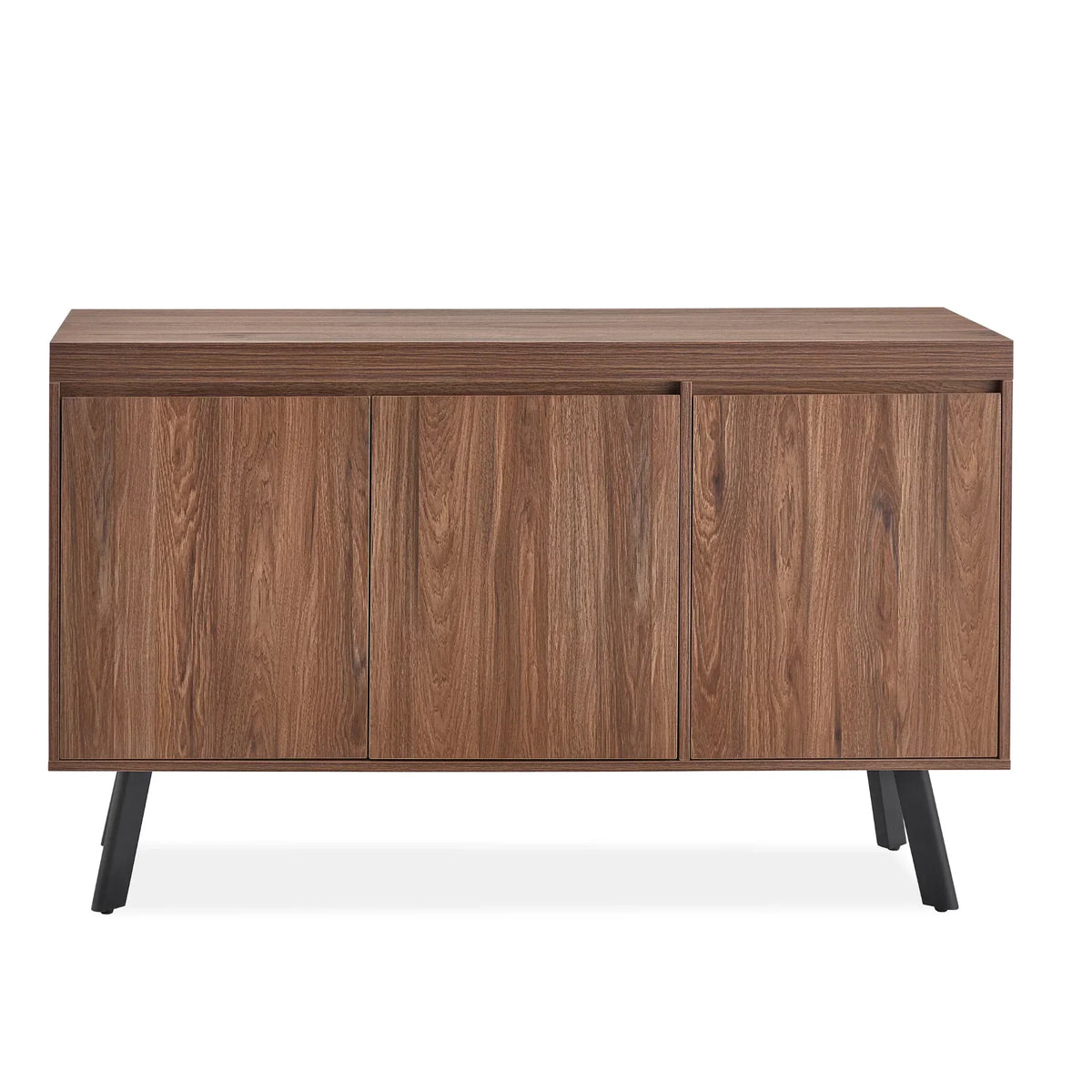 Walnut sideboard with three doors and black angled legs, front view