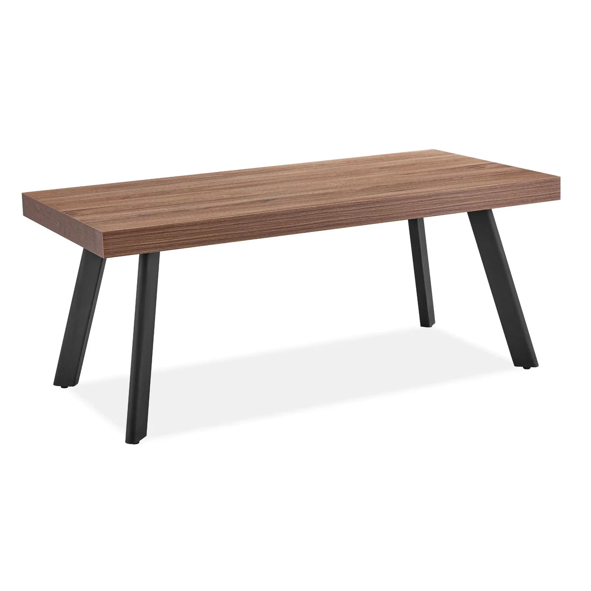 Rectangular wood dining table with black angled legs on white background