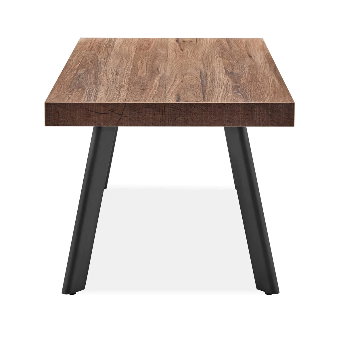 Rectangular wooden dining table with black angled metal legs, front view