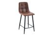A single bar stool with a brown tufted faux-leather upholstered seat and backrest, supported by a black metal frame with four legs, shown against a plain white background.