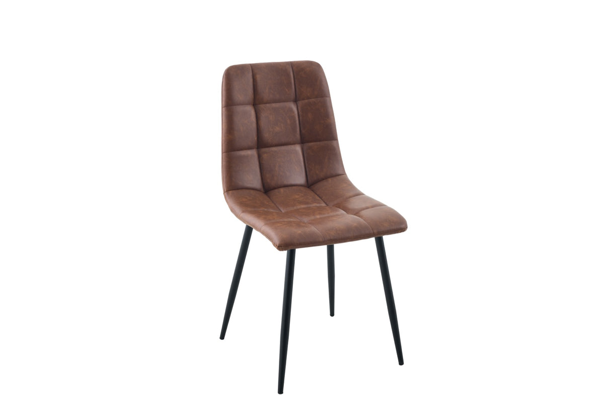 A modern brown leather dining chair with a tufted square backrest and slim black metal legs, shown against a plain white background.