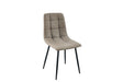 A modern dining chair with a tufted, padded upholstered seat and backrest in a light taupe fabric, supported by slim black metal legs, shown against a plain white background.