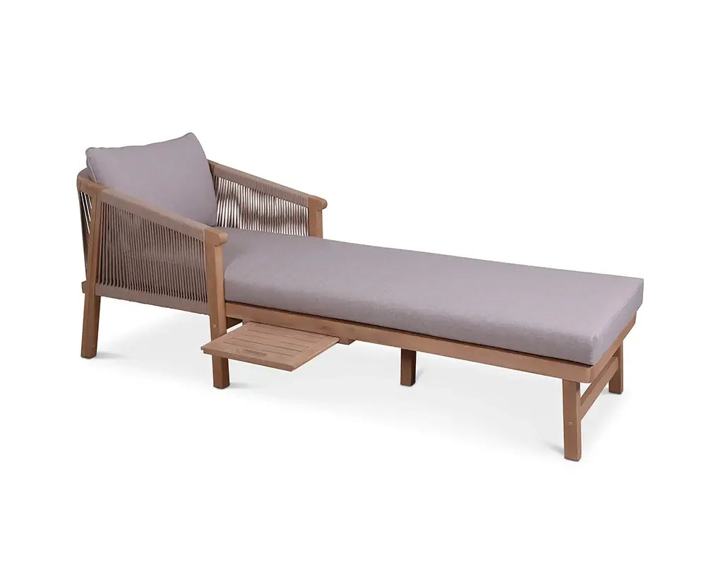 Wooden sun lounger with grey cushion and pull-out side tray