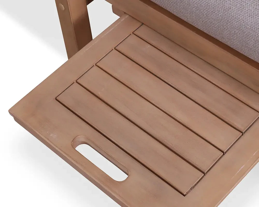 Wooden furniture side tray with slatted design and integrated handle detail