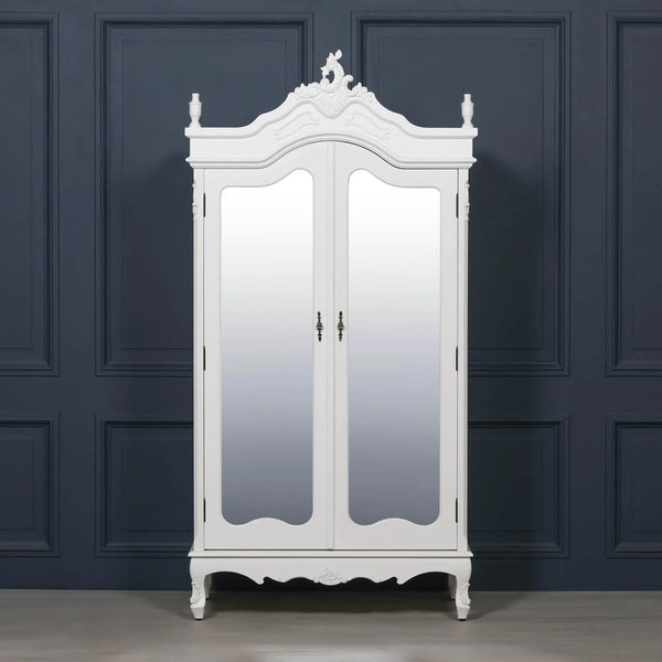 French White Double Mirrored Door Armoire