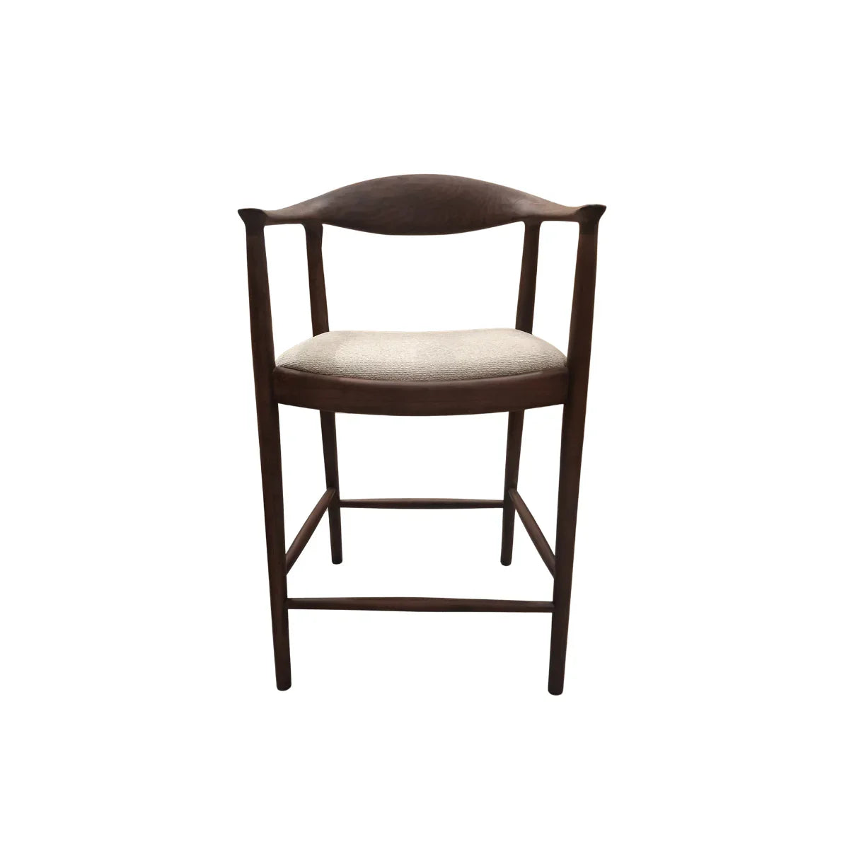 Fern barstool with curved walnut frame and beige upholstered seat, front angle view