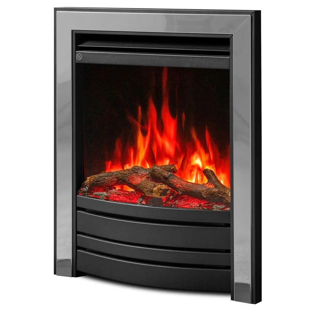 Amara electric fire with realistic flame effect and modern black frame.