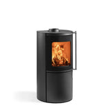 Stylish black wood burning stove with a large glass window showcasing a vibrant fire.